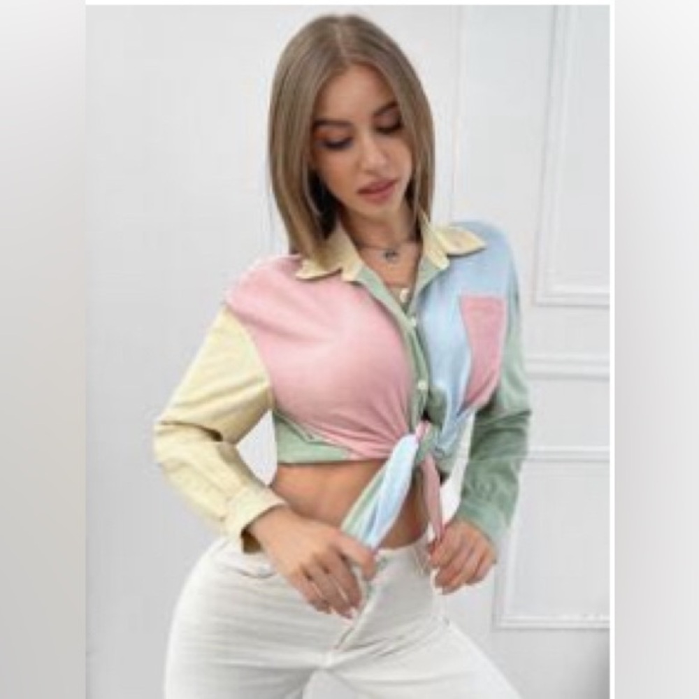 Drop Shoulder Curved Hem Colorblock Blouse Cord
